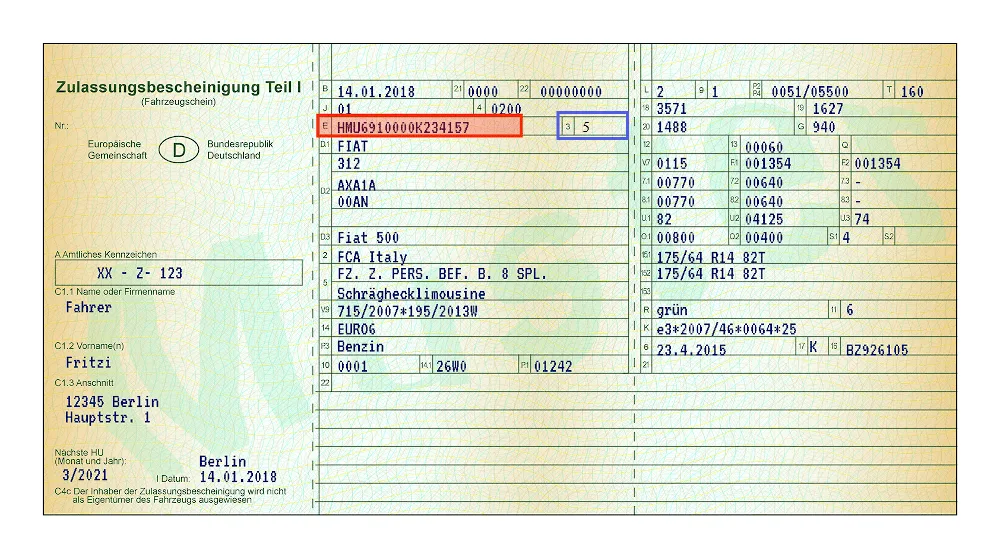 Zulassungsbescheinigung Teil I mit markierter FIN und Prüfziffer als Abgrenzung zum Sicherheitscode